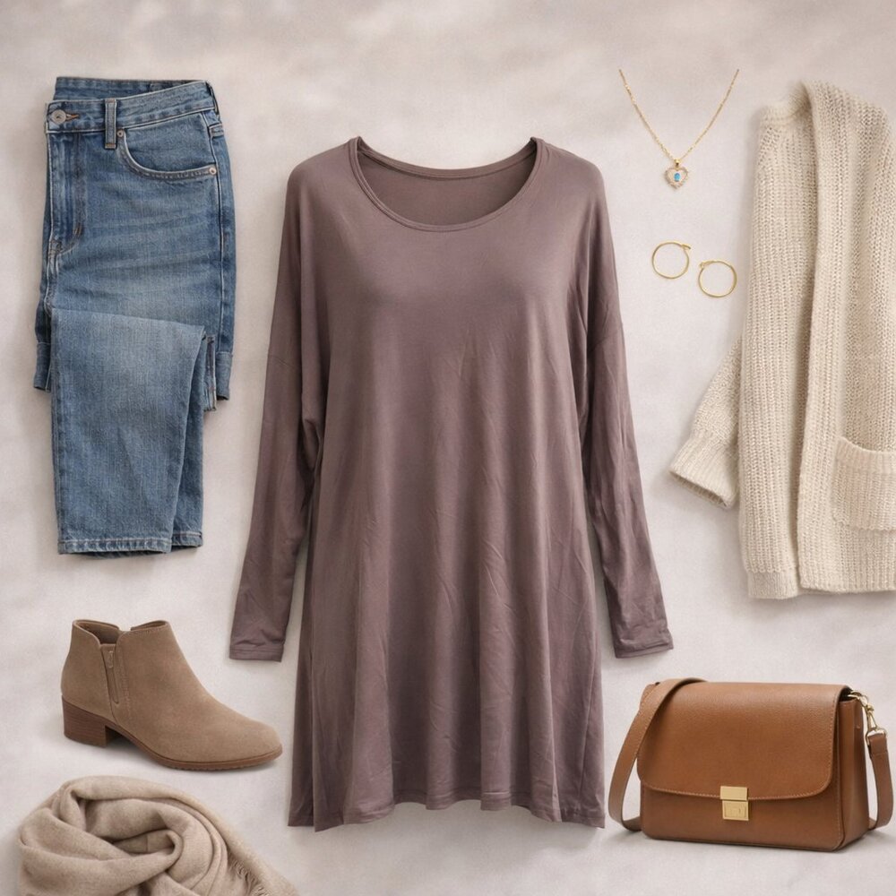 💙 Taupe Long Sleeve Swing Tunic Top Women’s Size L-XL